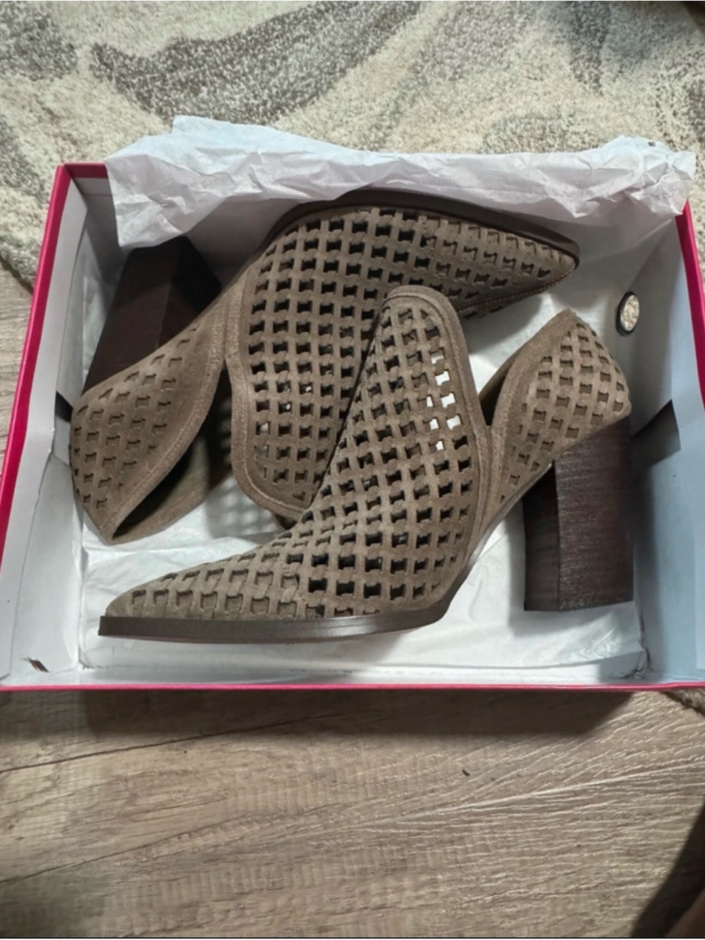 Vince Camuto Genuine Suede Perforated Block Heel Booties - Taupe